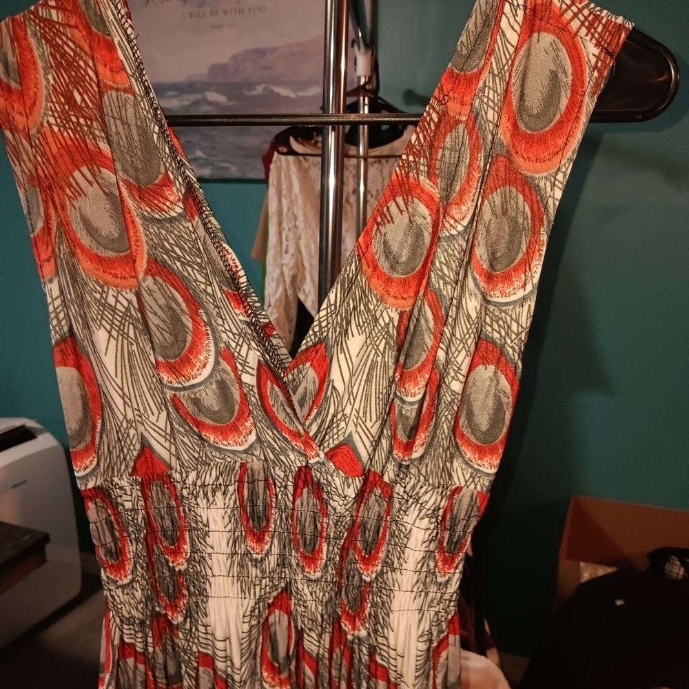 Elegant Multicolor Peacock Feather Print Dress - Picture 3 of 3